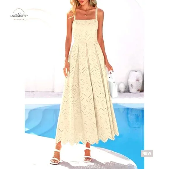 Sleeveless Maxi Dress with Eyelet Hollow Out Square Neck Ruffle Beach - Picture 2 of 7